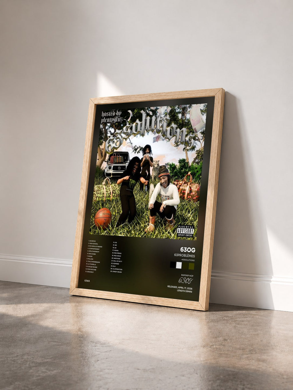 #bois Tableau de l'album 63PROBLÈMES (=63SOLUTIONS) de 63OG vu de trois quarts, cadre en bois brut