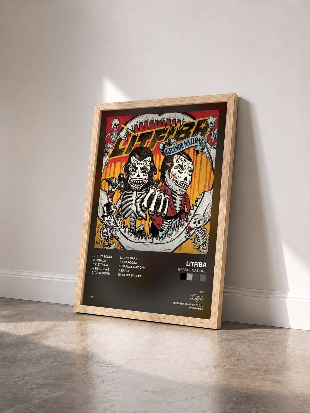 #bois Tableau de l'album Grande Nazione de Litfiba vu de trois quarts, cadre en bois brut