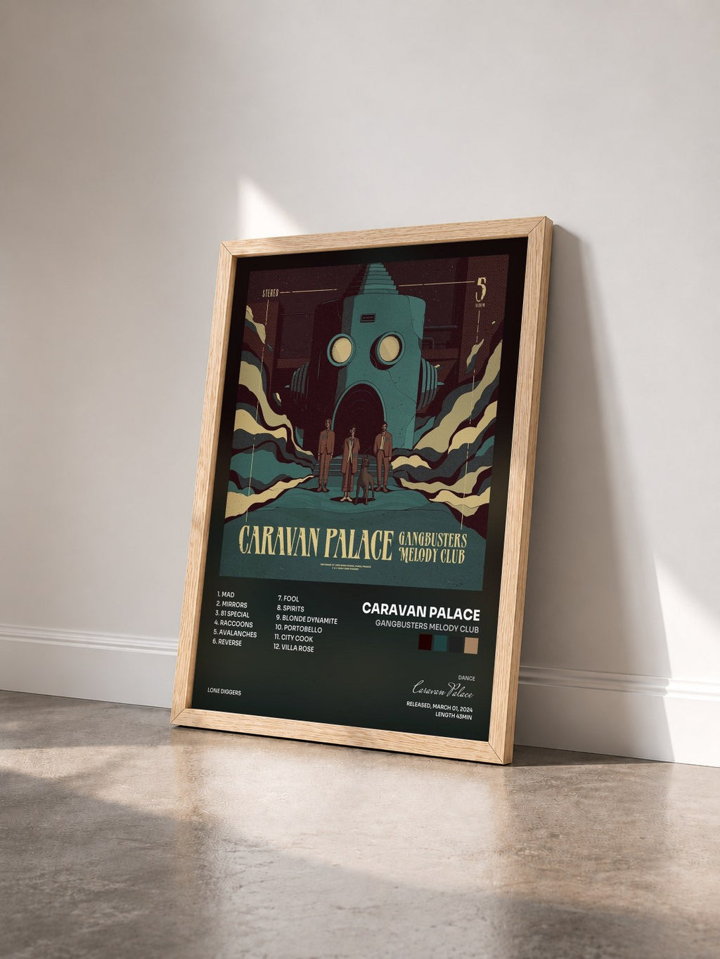 #bois Tableau de l'album Gangbusters Melody Club de Caravan Palace vu de trois quarts, cadre en bois brut