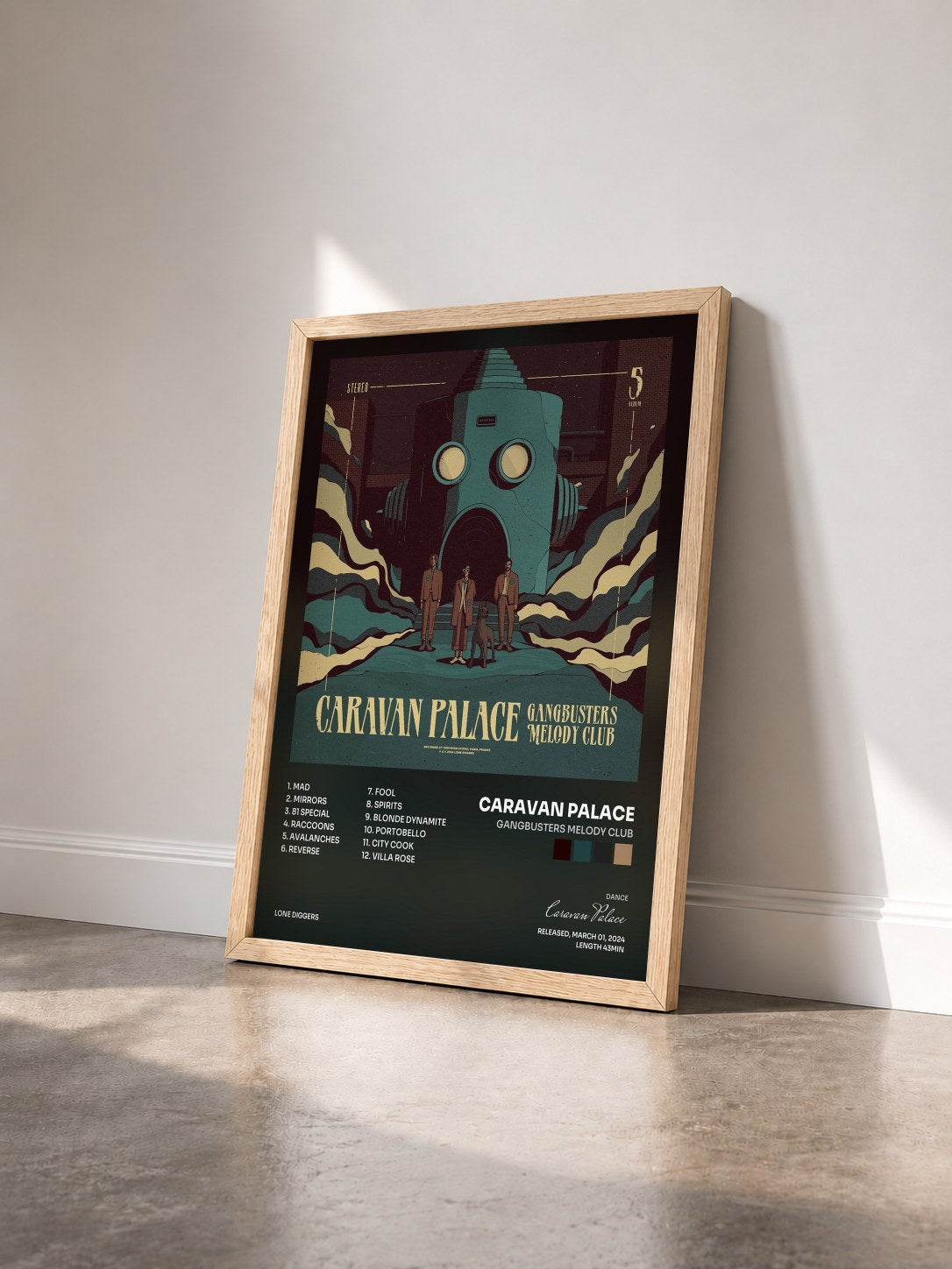 #bois Tableau de l'album Gangbusters Melody Club de Caravan Palace vu de trois quarts, cadre en bois brut