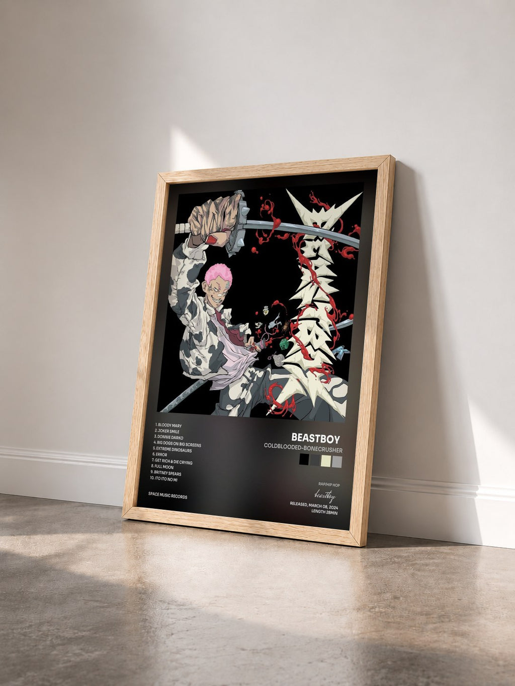 #bois Tableau de l'album COLDBLOODED-BONECRUSHER de beastboy   vu de trois quarts, cadre en bois brut
