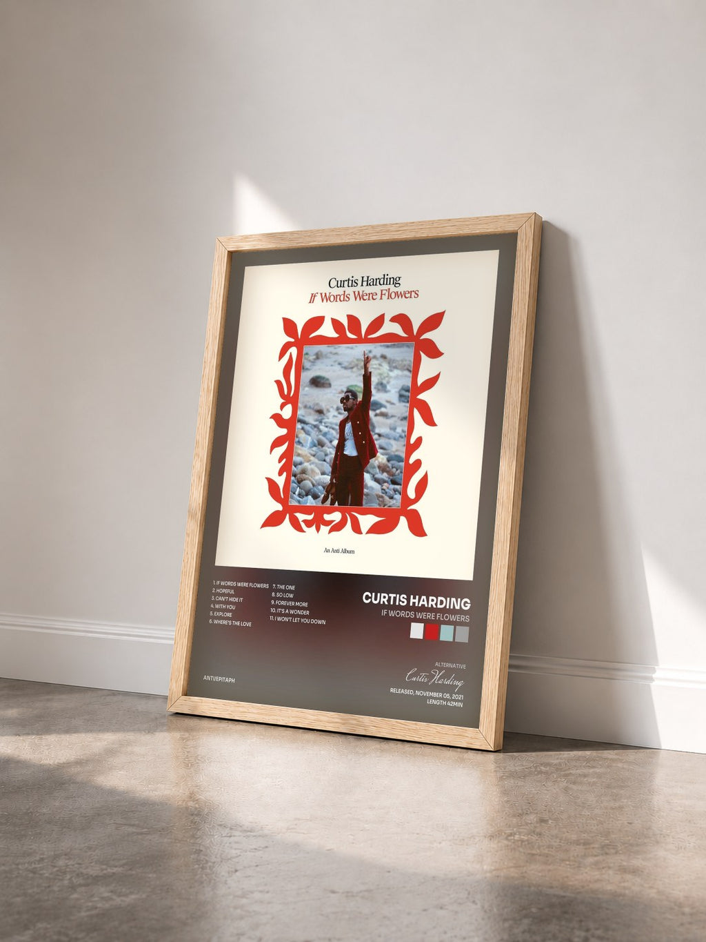 #bois Tableau de l'album If Words Were Flowers de Curtis Harding vu de trois quarts, cadre en bois brut