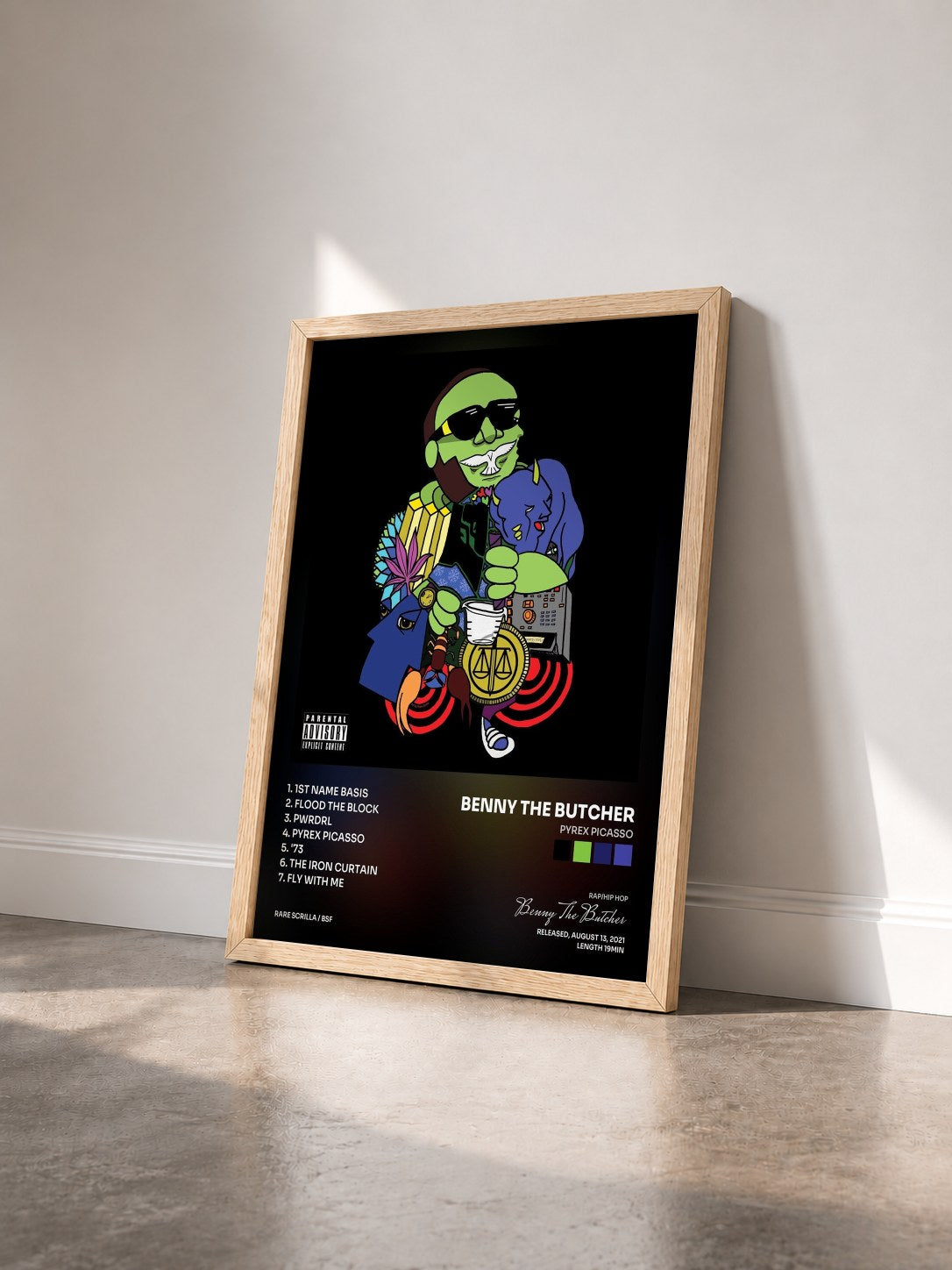 #bois Tableau de l'album Pyrex Picasso de Benny The Butcher vu de trois quarts, cadre en bois brut
