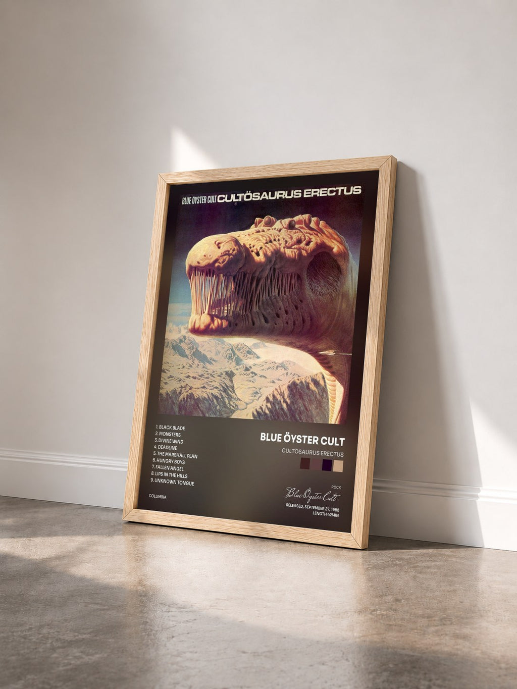 #bois Tableau de l'album Cultosaurus Erectus de Blue Öyster Cult vu de trois quarts, cadre en bois brut