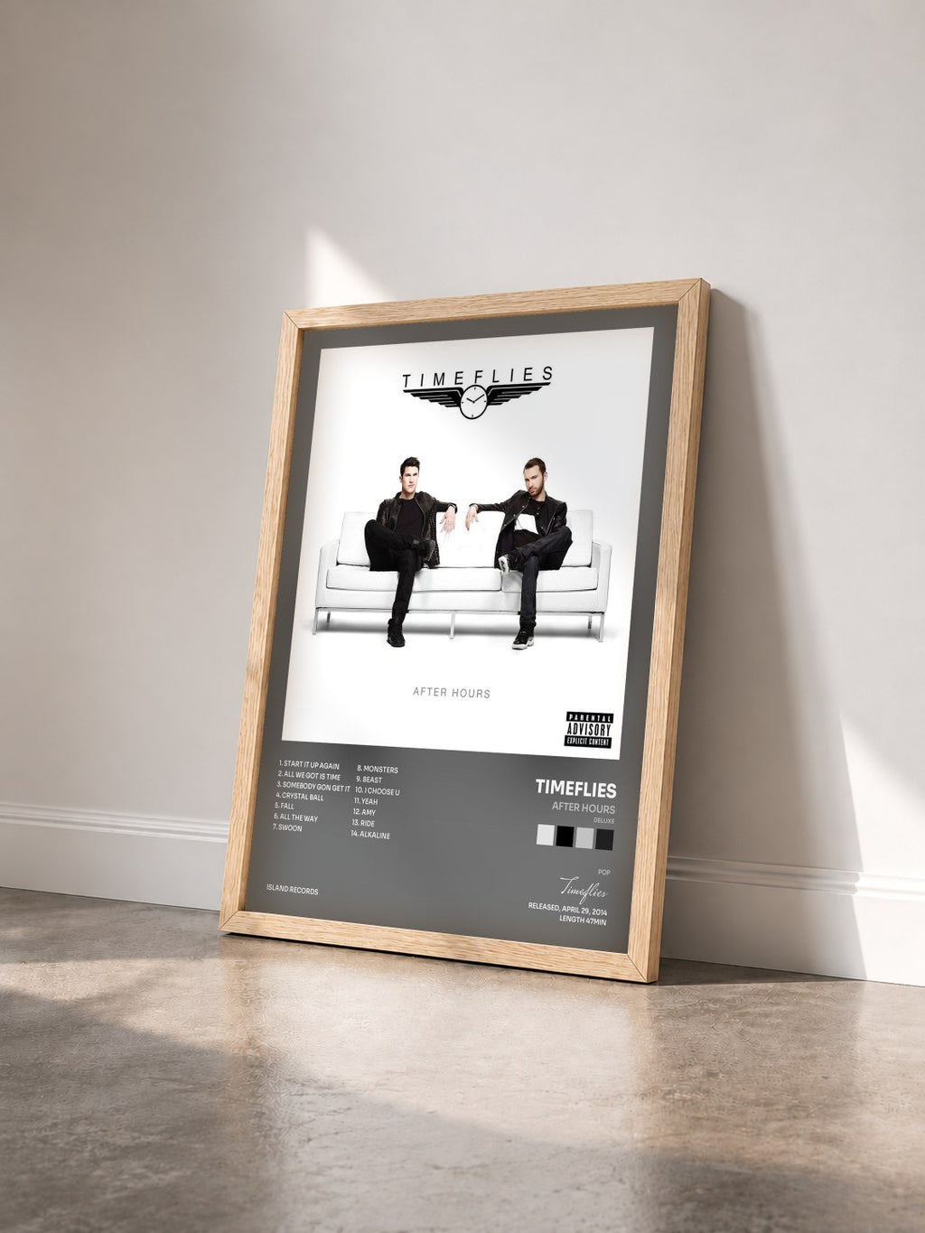 #bois Tableau de l'album After Hours (Deluxe) de Timeflies vu de trois quarts, cadre en bois brut