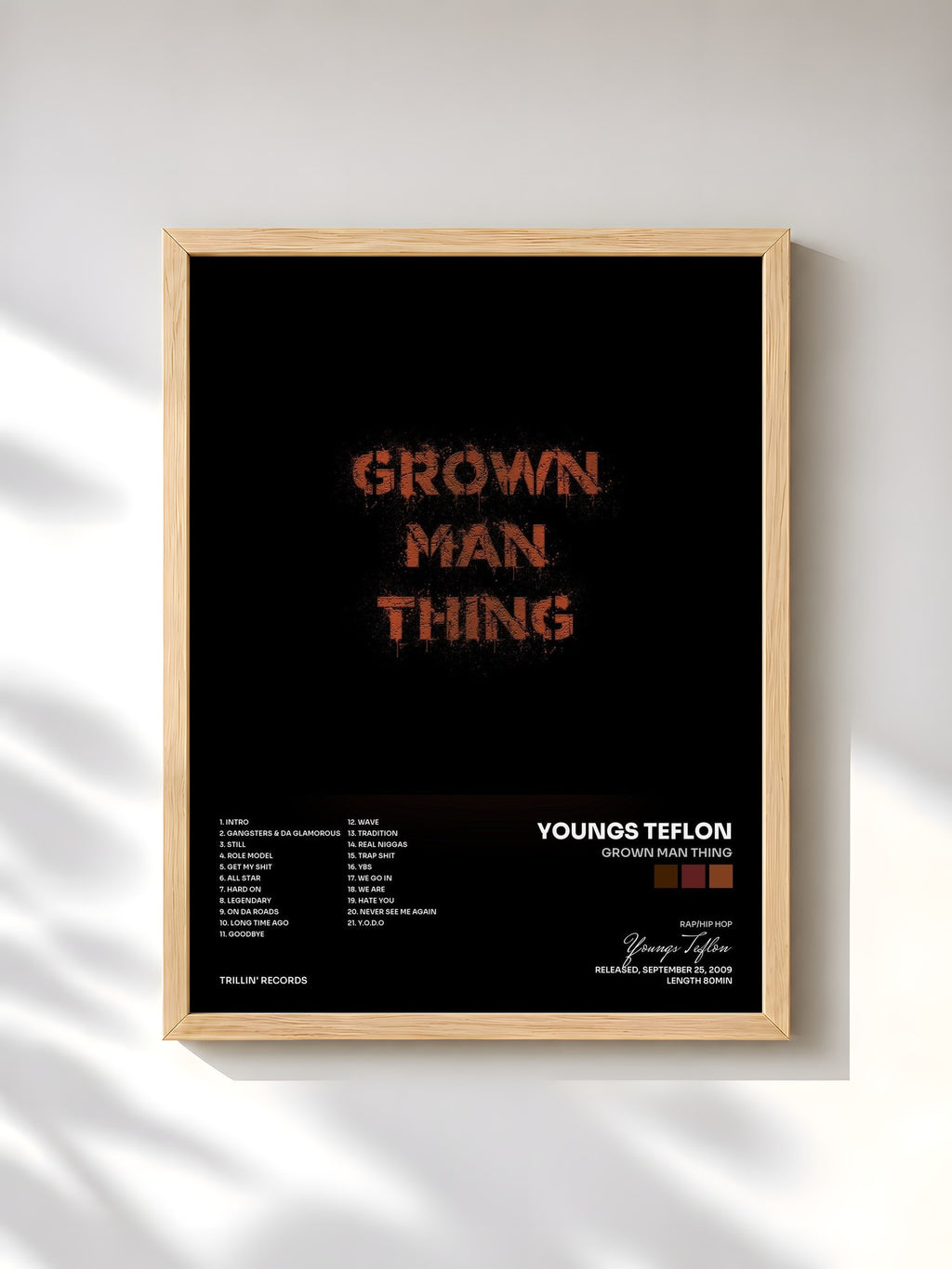 #bois Tableau de l'album Grown Man Thing de Youngs Teflon, cadre en bois brut, imprimé et encadré en France