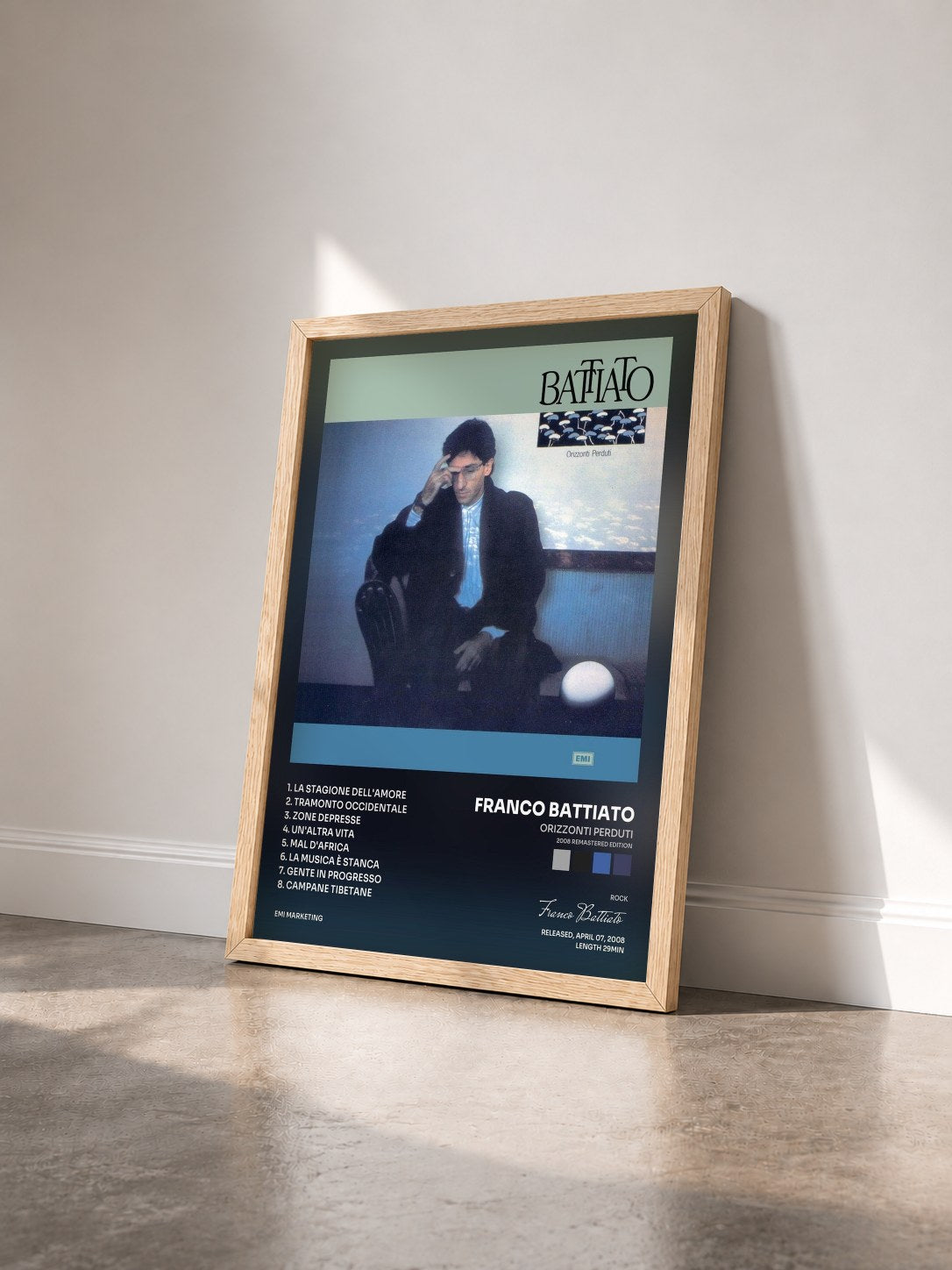 #bois Tableau de l'album Orizzonti Perduti (2008 Remastered Edition) de Franco Battiato vu de trois quarts, cadre en bois brut