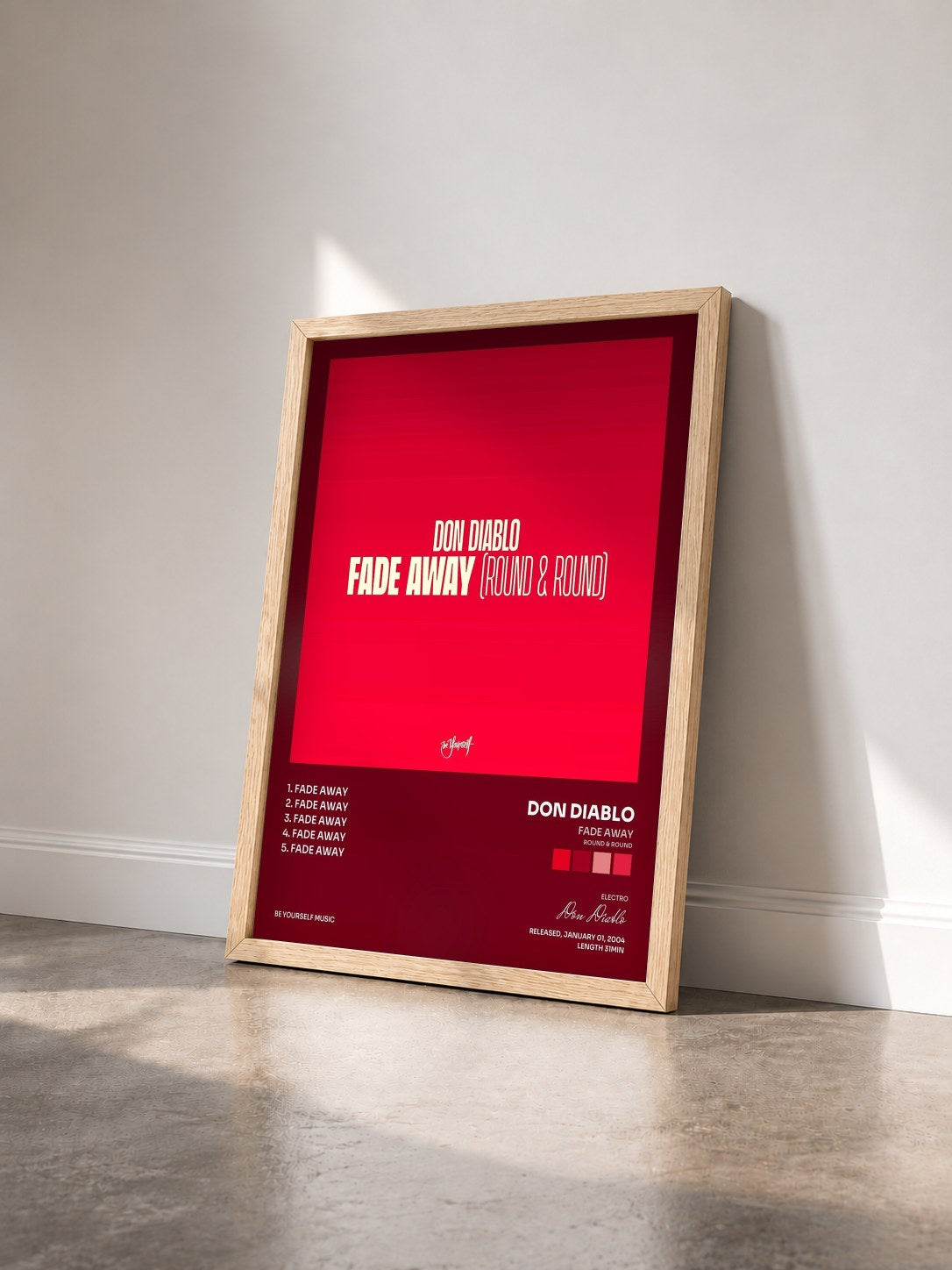 #bois Tableau de l'album Fade Away (Round & Round) de Don Diablo vu de trois quarts, cadre en bois brut