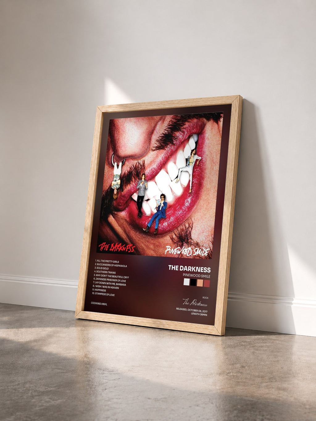 #bois Tableau de l'album Pinewood Smile de The Darkness vu de trois quarts, cadre en bois brut