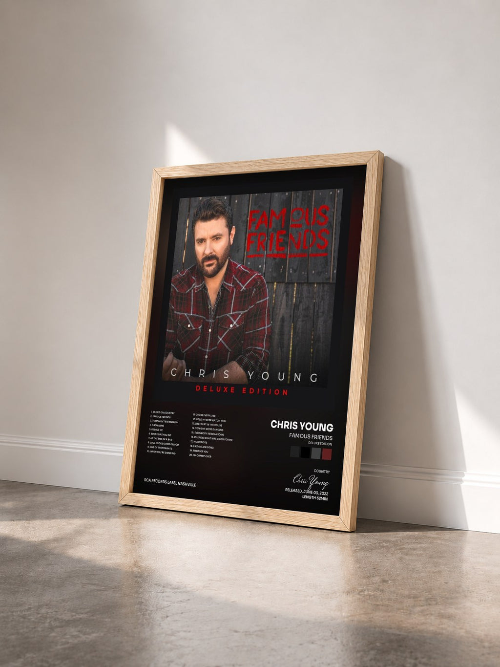 #bois Tableau de l'album Famous Friends (Deluxe Edition) de Chris Young vu de trois quarts, cadre en bois brut