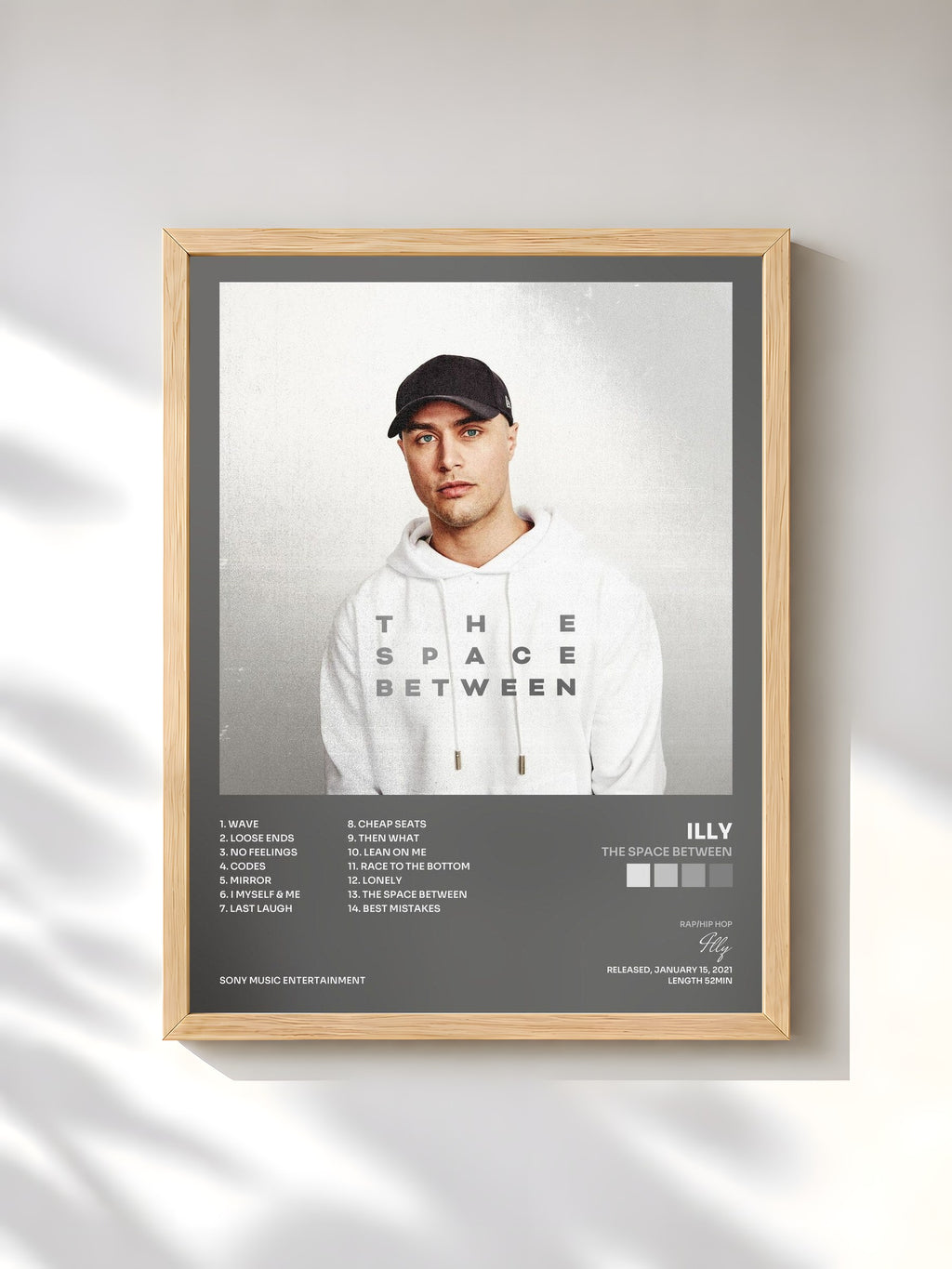 #bois Tableau de l'album The Space Between de Illy, cadre en bois brut, imprimé et encadré en France