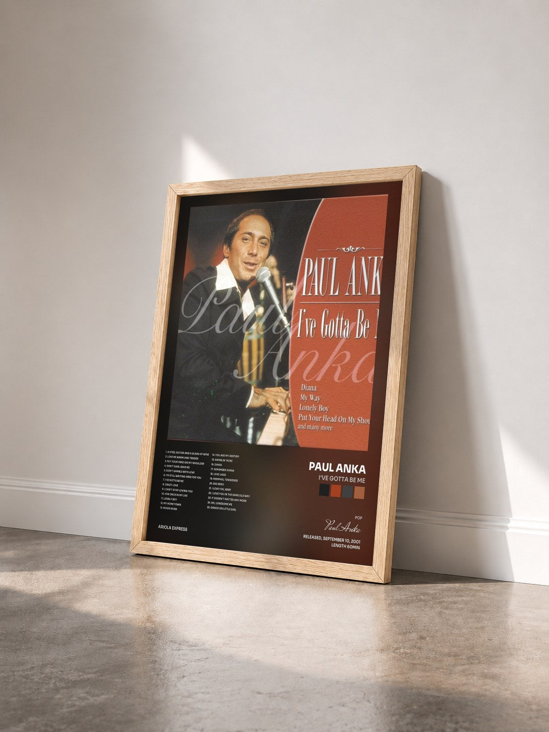 #bois Tableau de l'album I've Gotta Be Me de Paul Anka vu de trois quarts, cadre en bois brut
