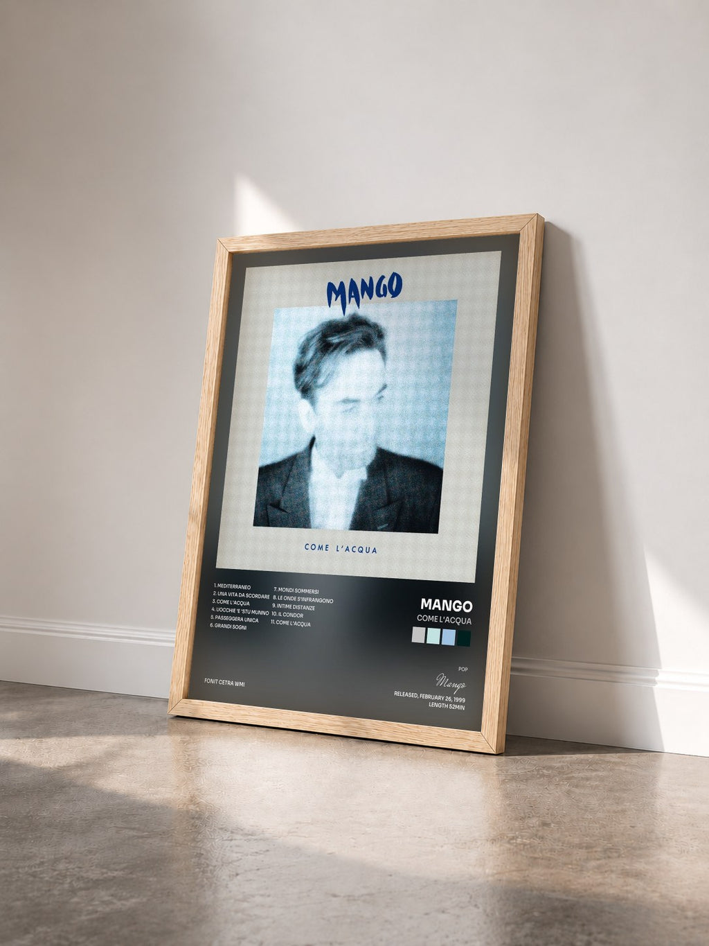 #bois Tableau de l'album Come l'acqua de Mango vu de trois quarts, cadre en bois brut