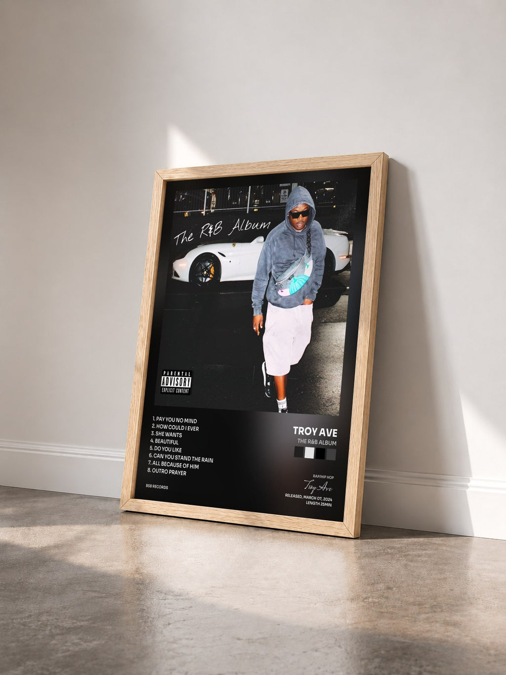 #bois Tableau de l'album The R&B Album de Troy Ave vu de trois quarts, cadre en bois brut