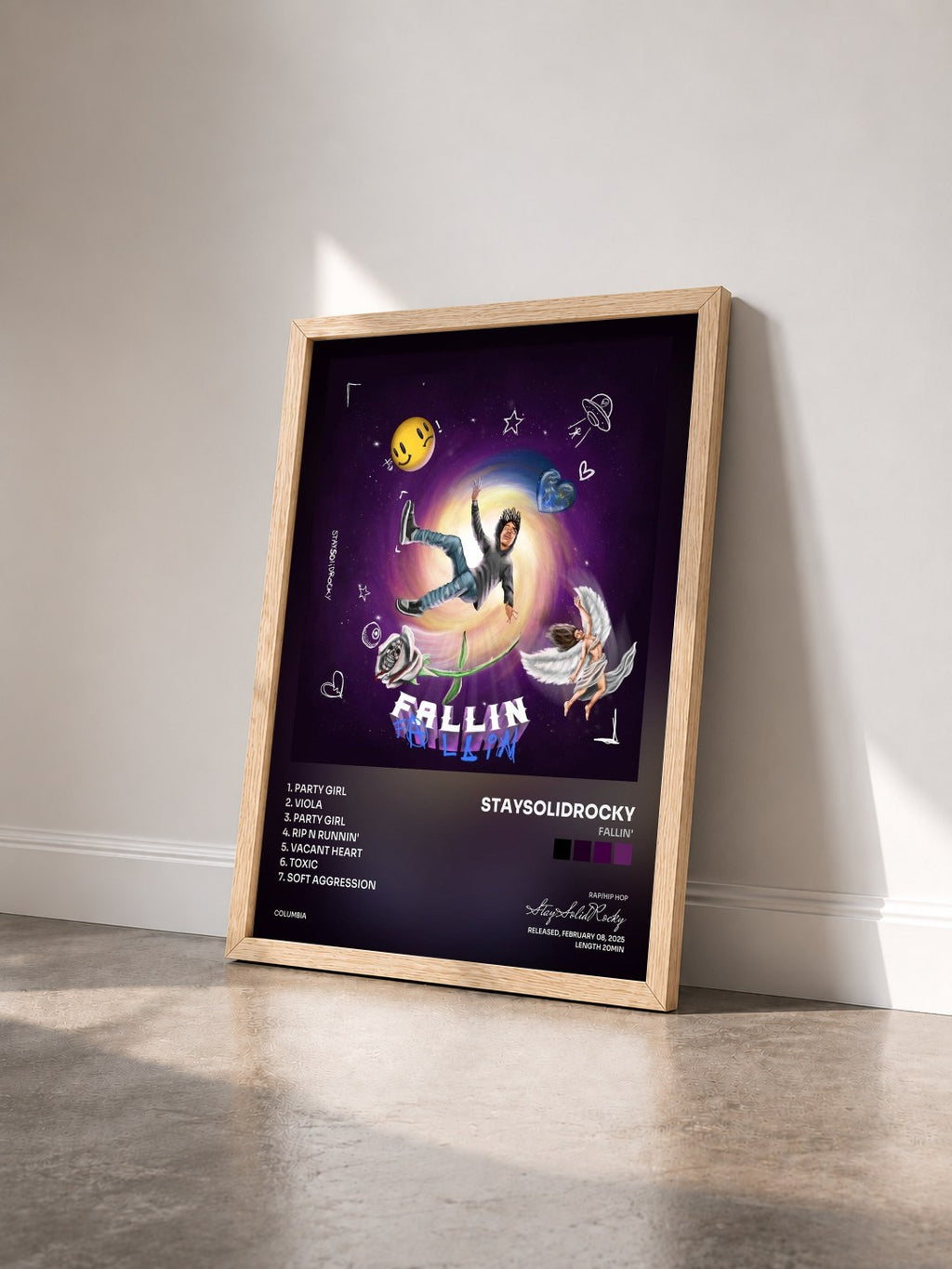 #bois Tableau de l'album Fallin' de StaySolidRocky vu de trois quarts, cadre en bois brut