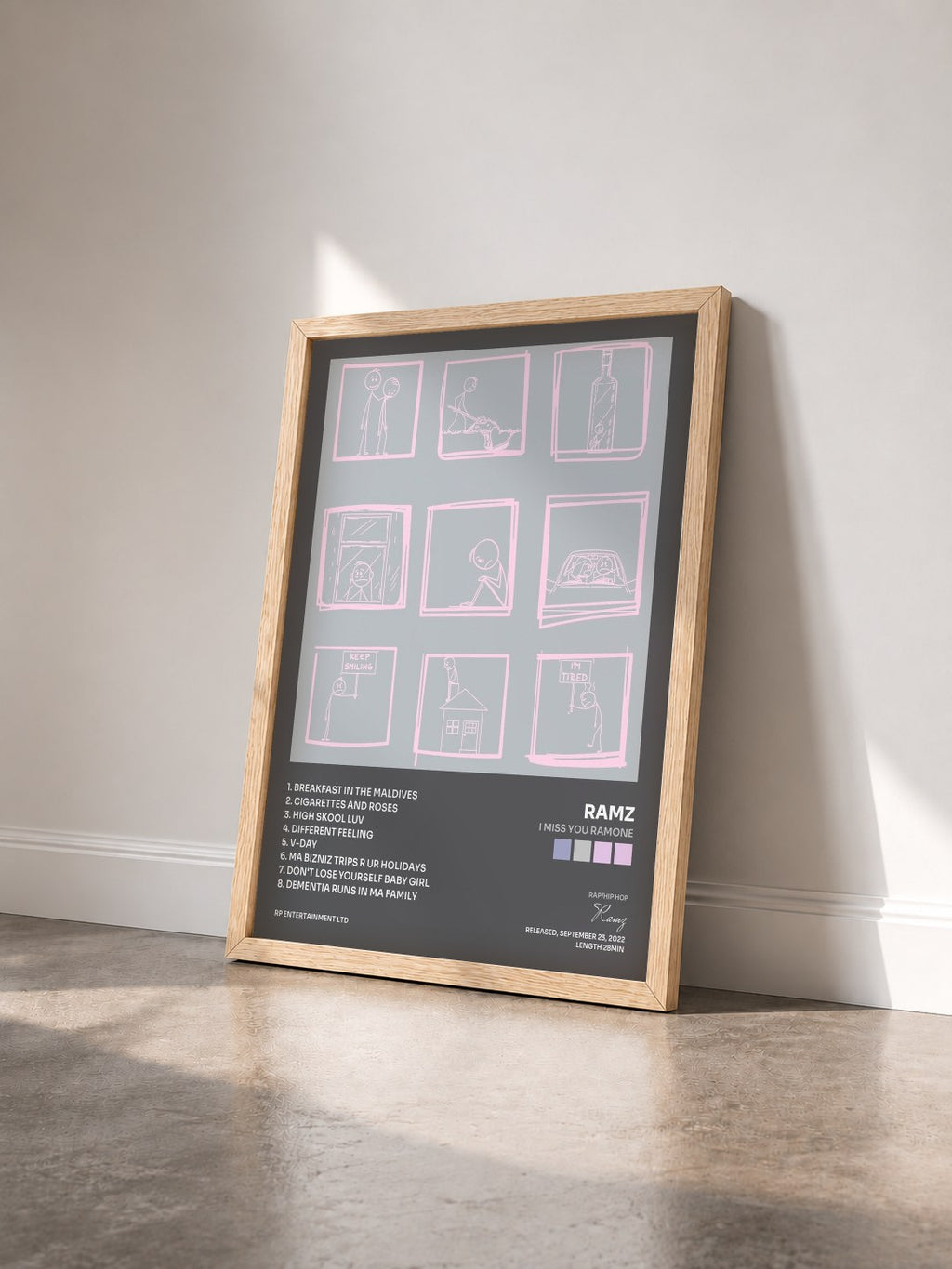 #bois Tableau de l'album i miss you ramone de Ramz vu de trois quarts, cadre en bois brut