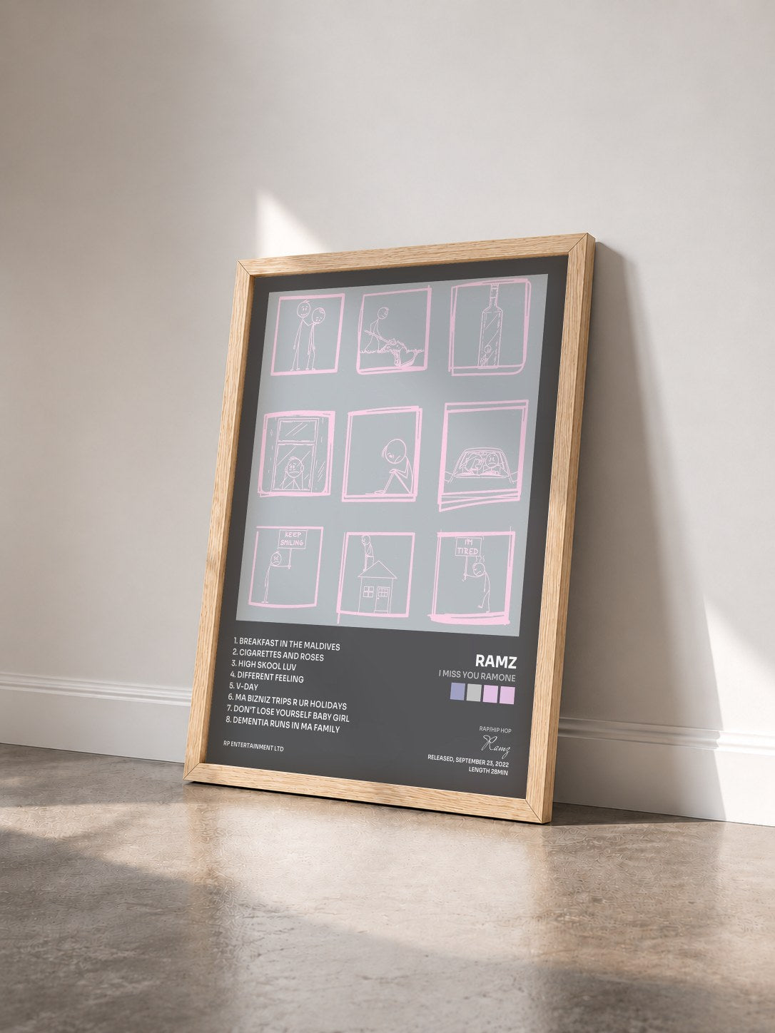 #bois Tableau de l'album i miss you ramone de Ramz vu de trois quarts, cadre en bois brut