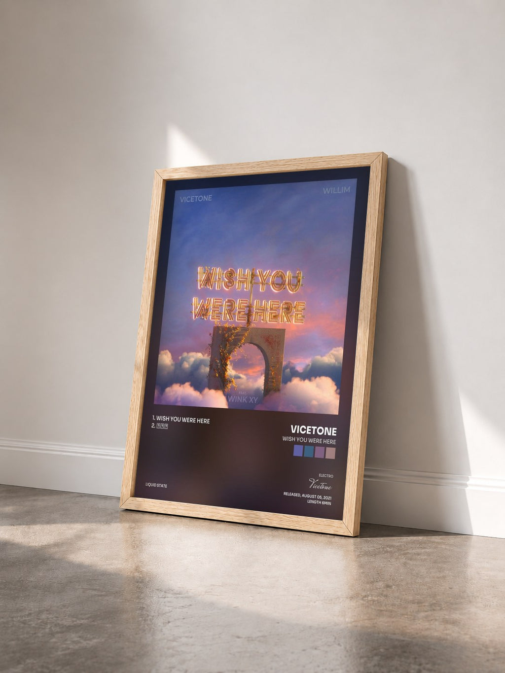 #bois Tableau de l'album Wish You Were Here de Vicetone vu de trois quarts, cadre en bois brut