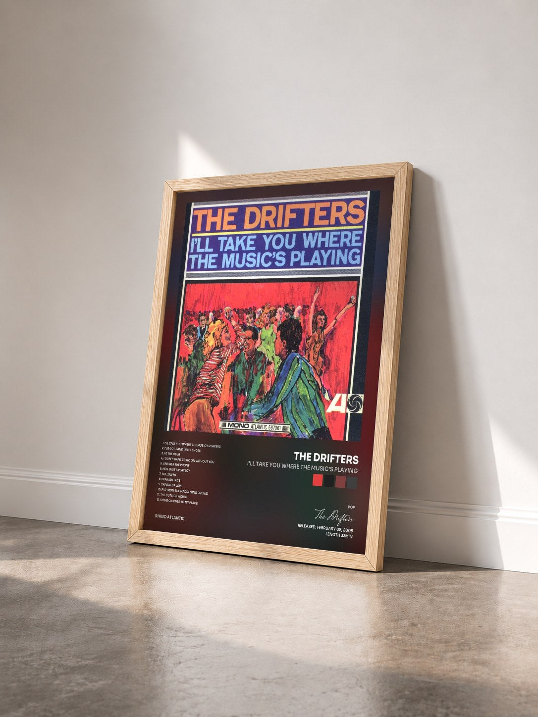 #bois Tableau de l'album I'll Take You Where the Music's Playing de The Drifters vu de trois quarts, cadre en bois brut