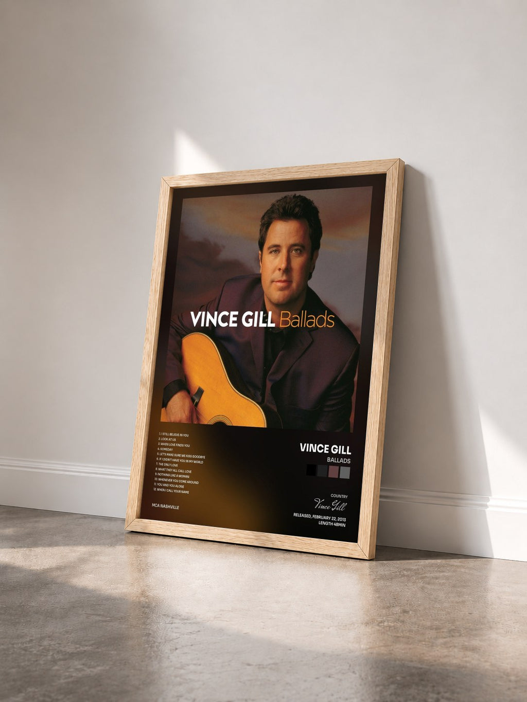 #bois Tableau de l'album Ballads de Vince Gill vu de trois quarts, cadre en bois brut