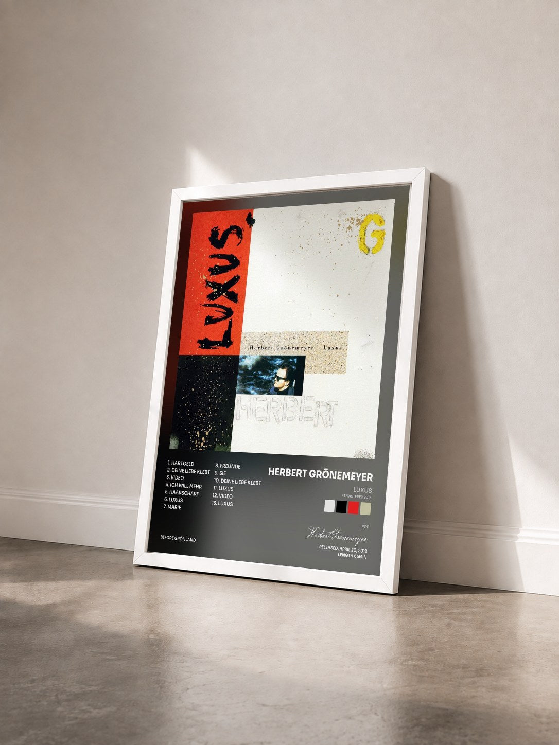 #blanc Tableau de l'album Luxus (Remastered 2016) de Herbert Grönemeyer vu de trois quarts, cadre blanc