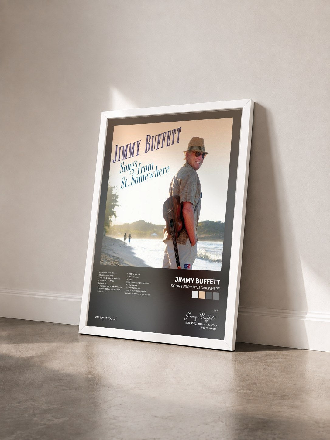 #blanc Tableau de l'album Songs from St. Somewhere de Jimmy Buffett vu de trois quarts, cadre blanc