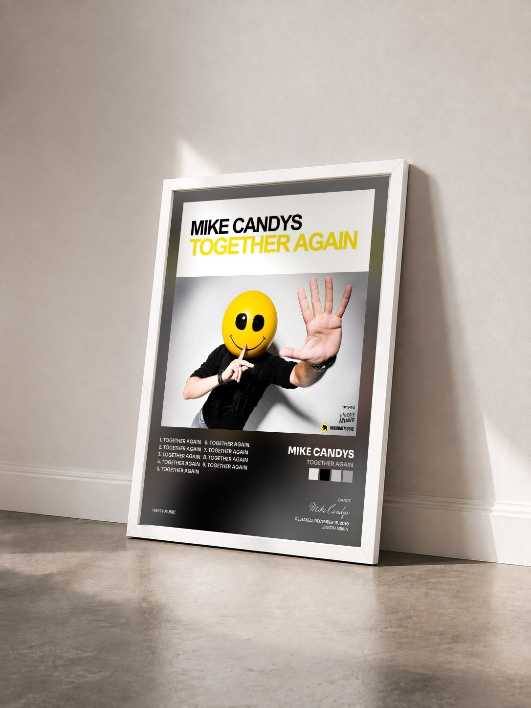 #blanc Tableau de l'album Together Again de Mike Candys vu de trois quarts, cadre blanc