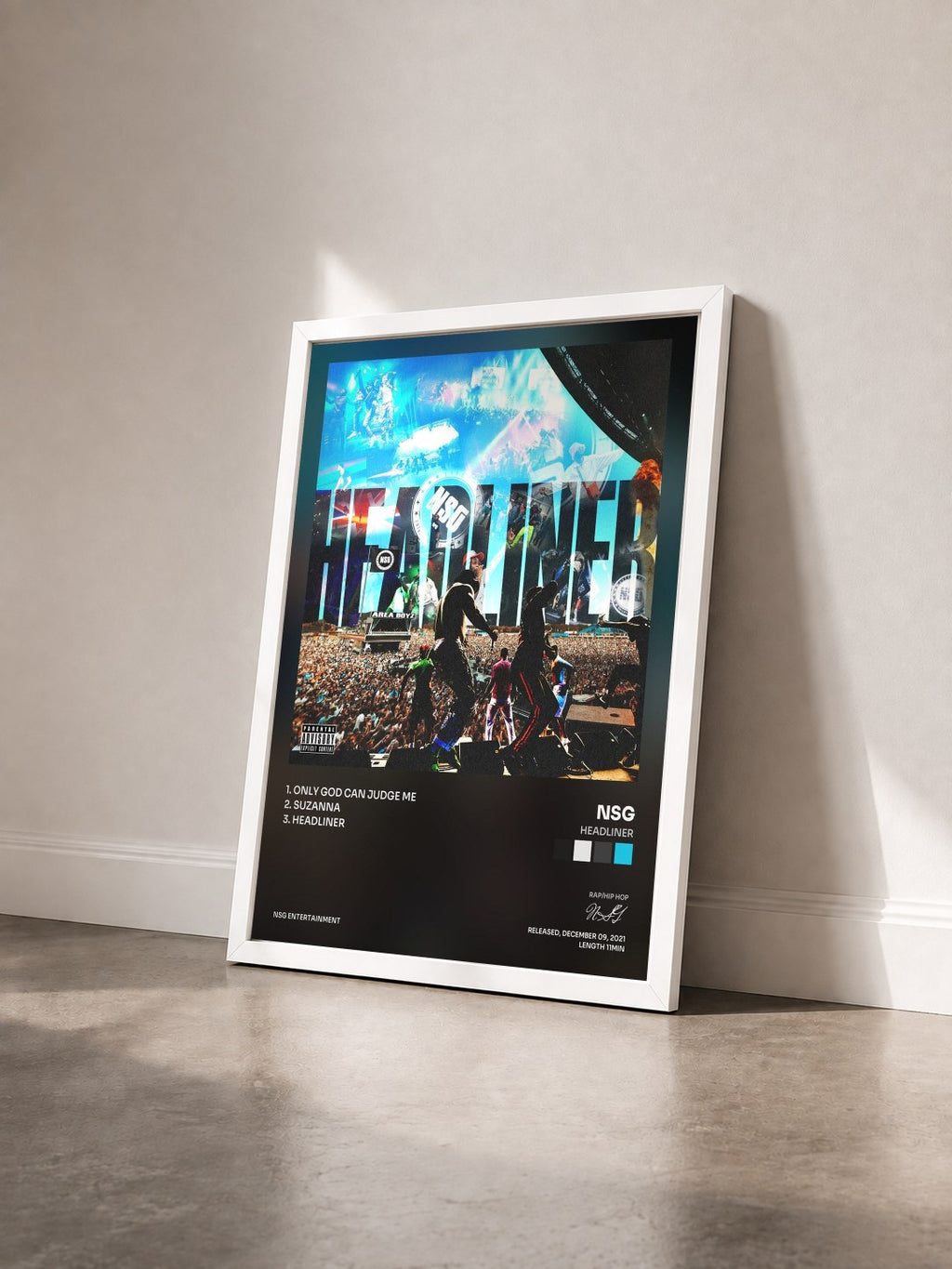 #blanc Tableau de l'album Headliner de NSG vu de trois quarts, cadre blanc