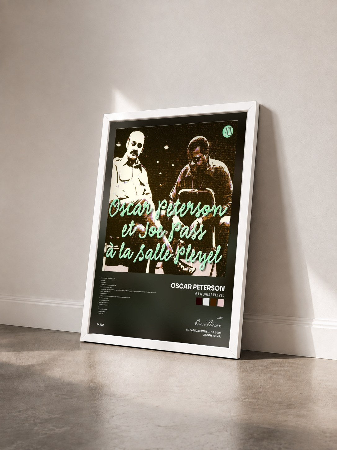 #blanc Tableau de l'album A La Salle Pleyel de Oscar Peterson vu de trois quarts, cadre blanc