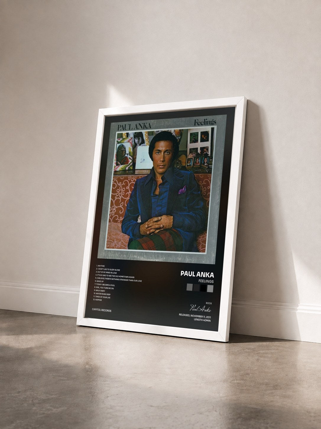 #blanc Tableau de l'album Feelings de Paul Anka vu de trois quarts, cadre blanc