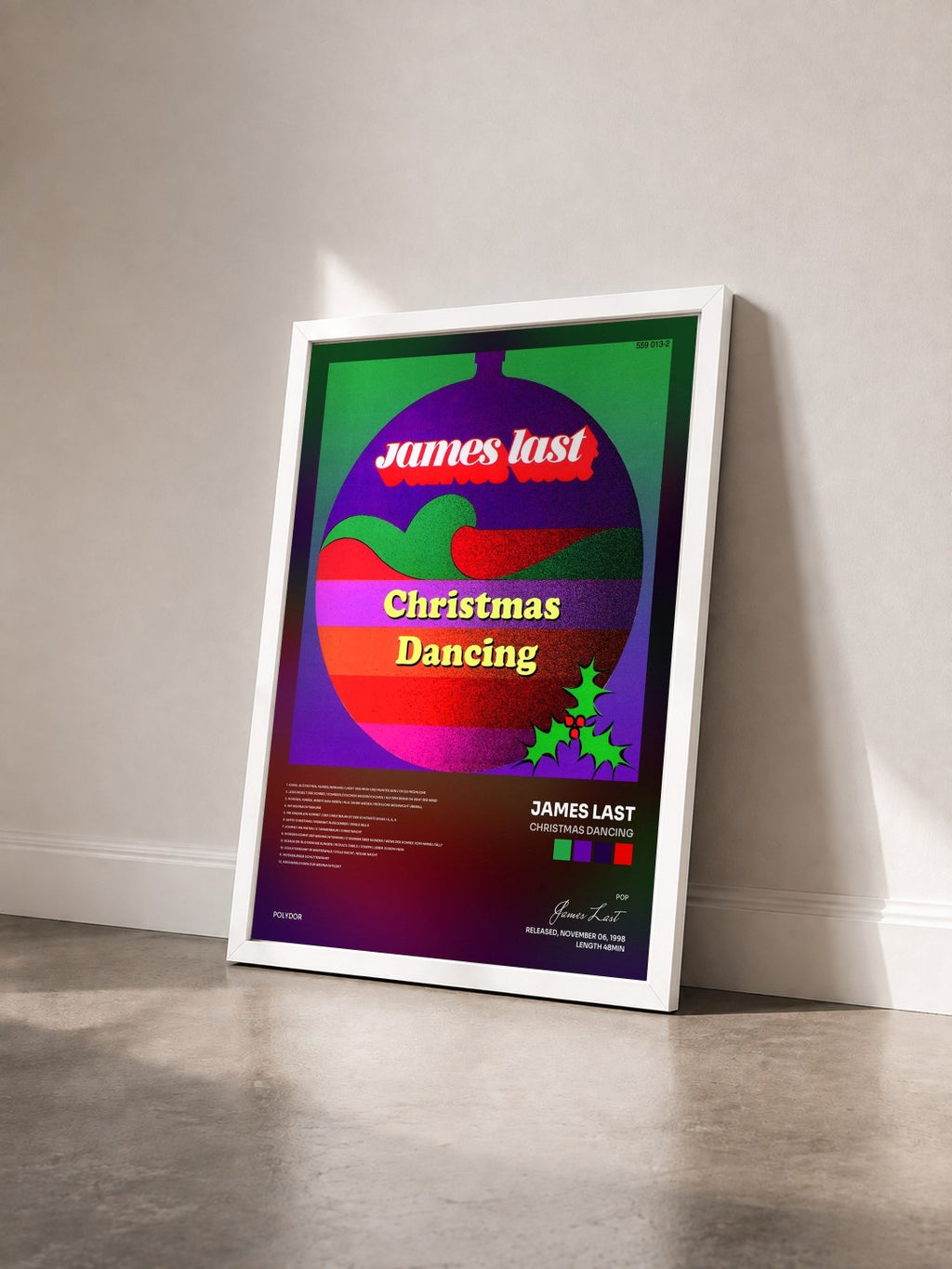 #blanc Tableau de l'album Christmas Dancing de James Last vu de trois quarts, cadre blanc