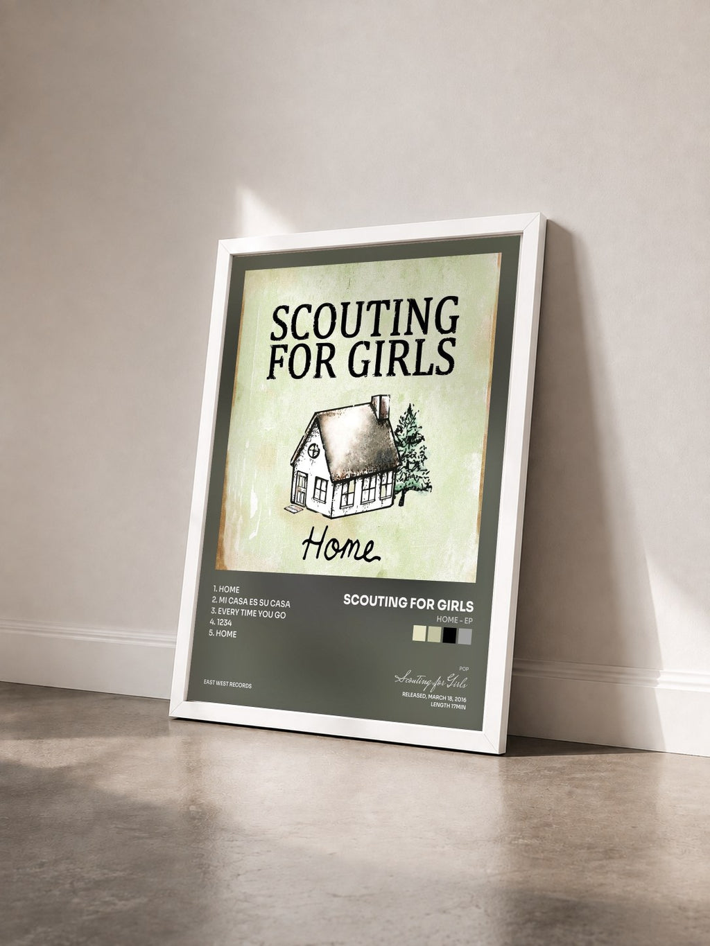 #blanc Tableau de l'album Home EP de Scouting for Girls vu de trois quarts, cadre blanc