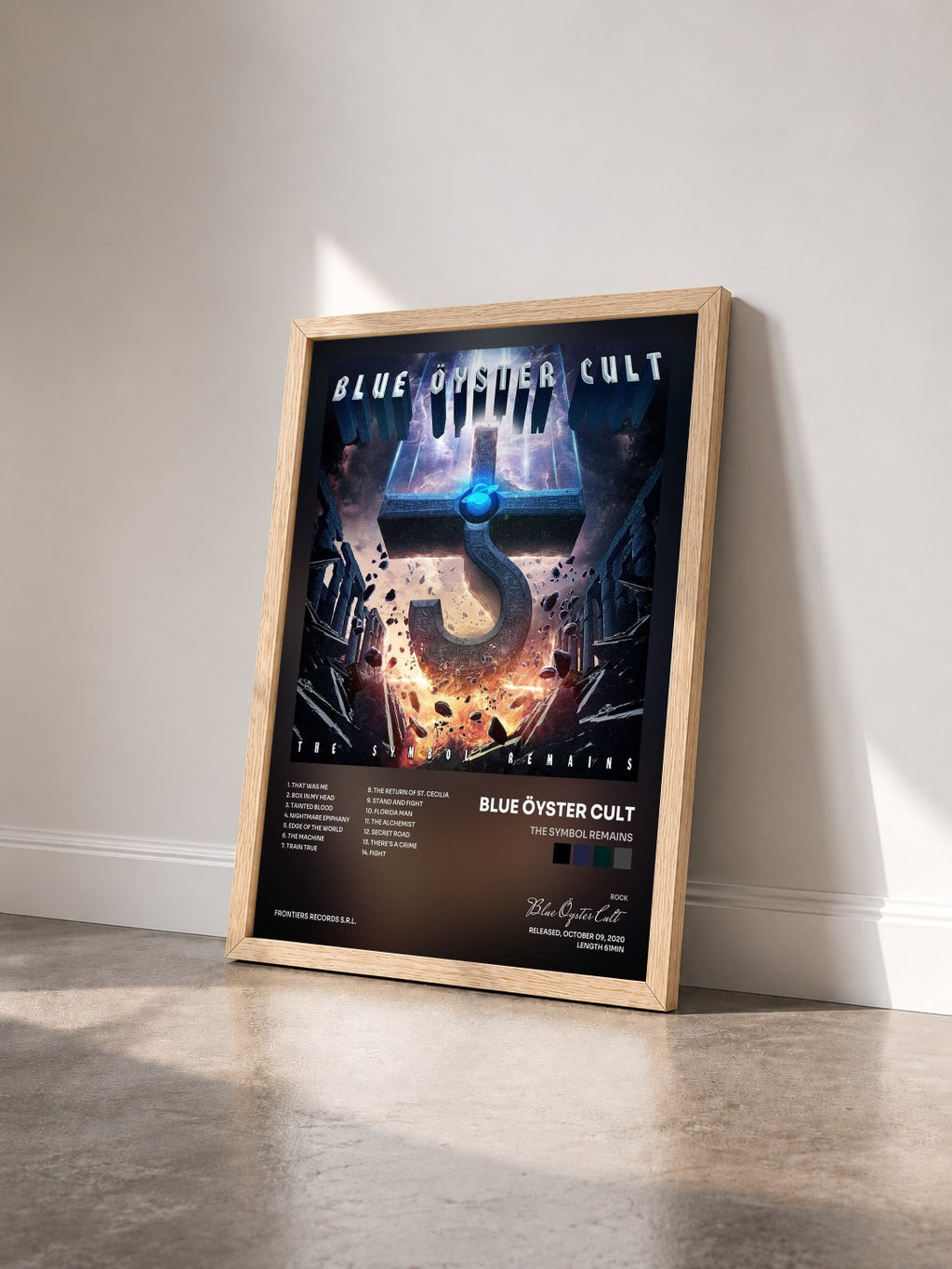 #bois Tableau de l'album The Symbol Remains de Blue Öyster Cult vu de trois quarts, cadre en bois brut