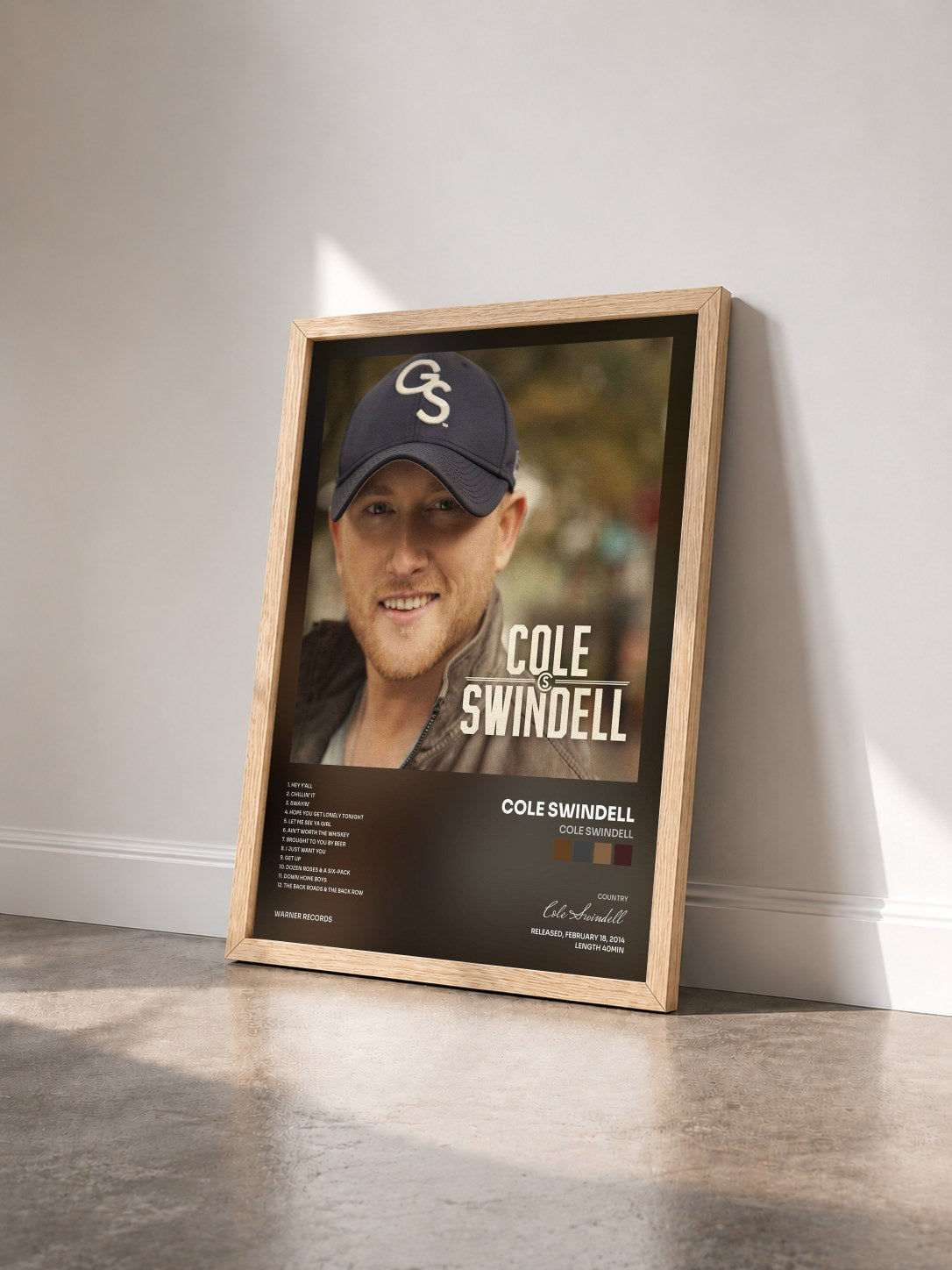 #bois Tableau de l'album Cole Swindell de Cole Swindell vu de trois quarts, cadre en bois brut