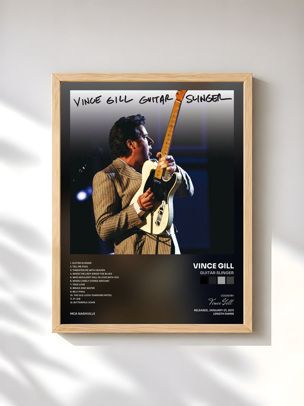 #bois Tableau de l'album Guitar Slinger de Vince Gill, cadre en bois brut, imprimé et encadré en France