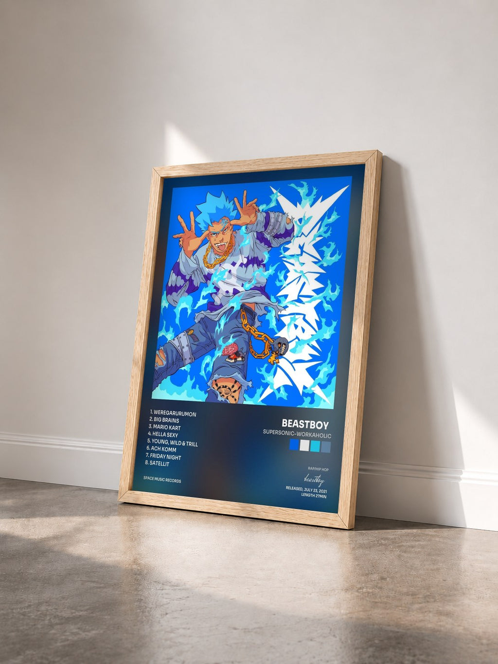 #bois Tableau de l'album SUPERSONIC-WORKAHOLIC de beastboy   vu de trois quarts, cadre en bois brut