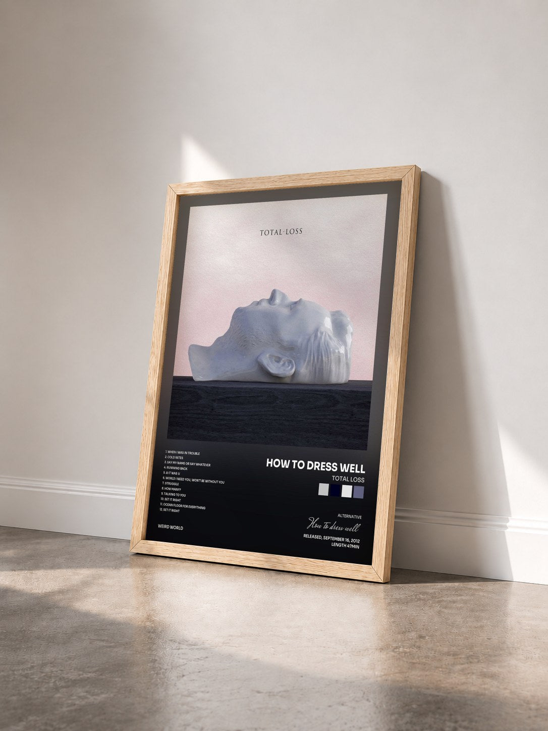 #bois Tableau de l'album Total Loss de How to dress well vu de trois quarts, cadre en bois brut