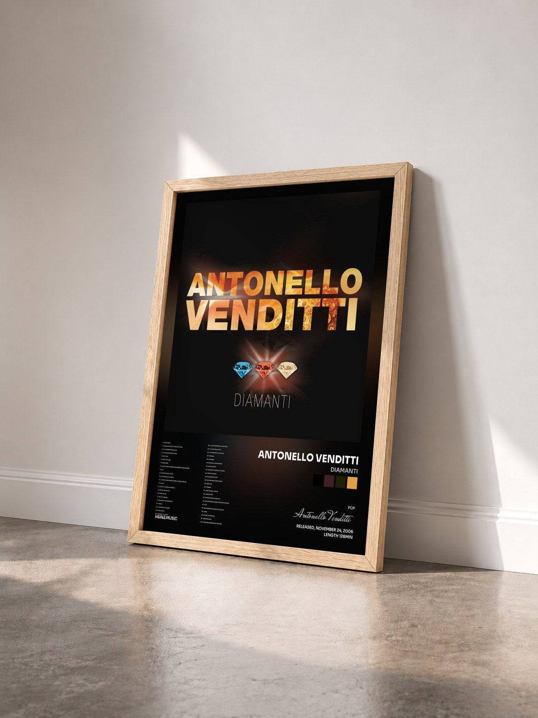 #bois Tableau de l'album Diamanti de Antonello Venditti vu de trois quarts, cadre en bois brut