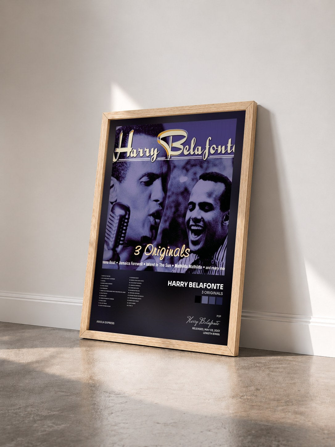 #bois Tableau de l'album 3 Originals de Harry Belafonte vu de trois quarts, cadre en bois brut