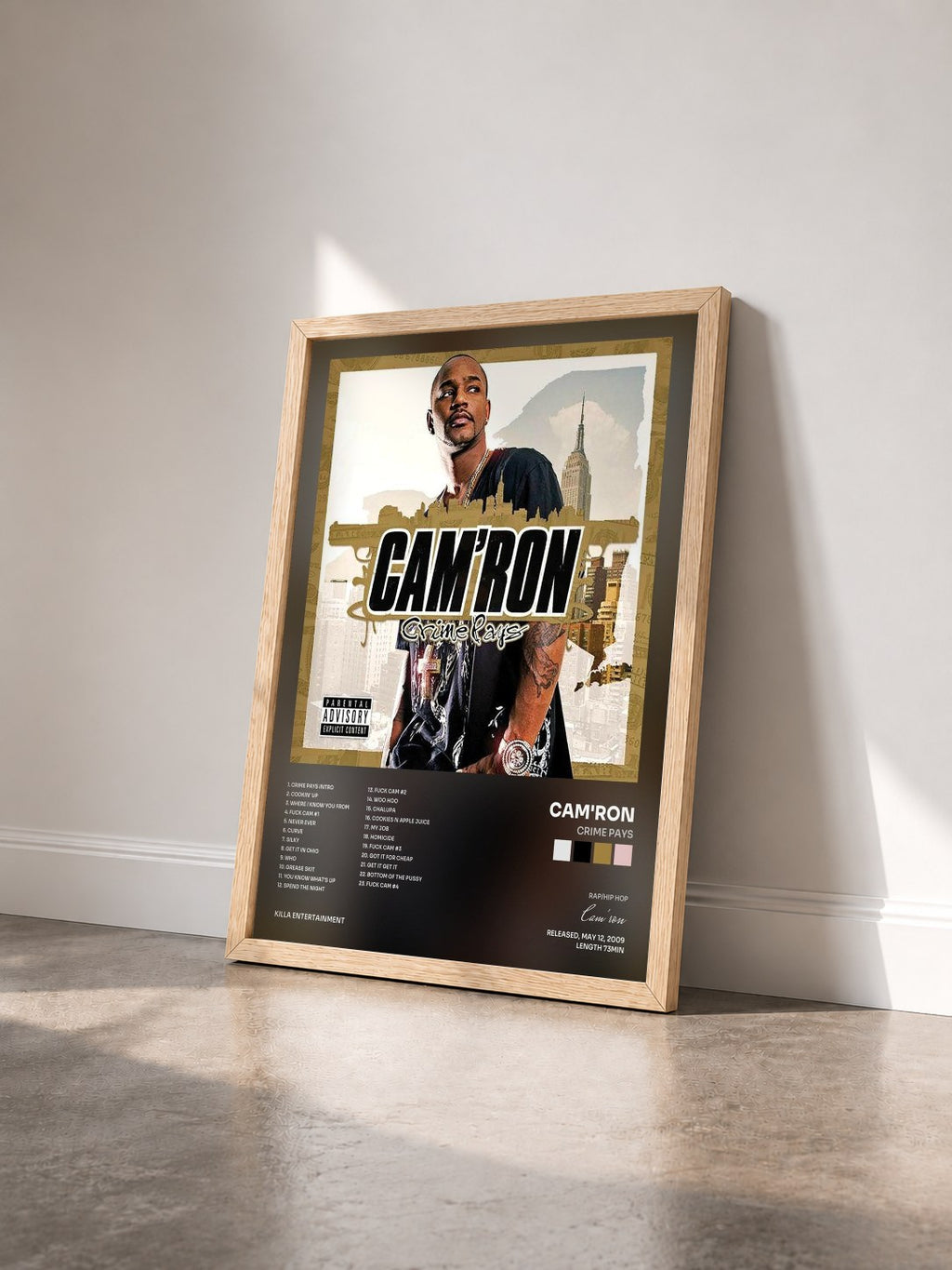 #bois Tableau de l'album Crime Pays de Cam'ron vu de trois quarts, cadre en bois brut