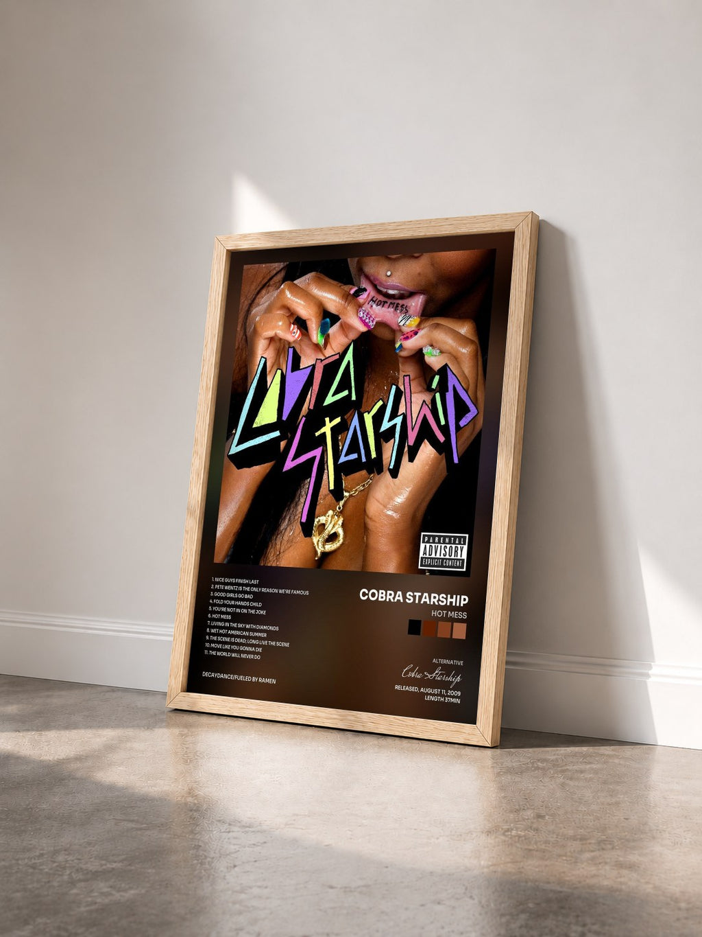 #bois Tableau de l'album Hot Mess de Cobra Starship vu de trois quarts, cadre en bois brut