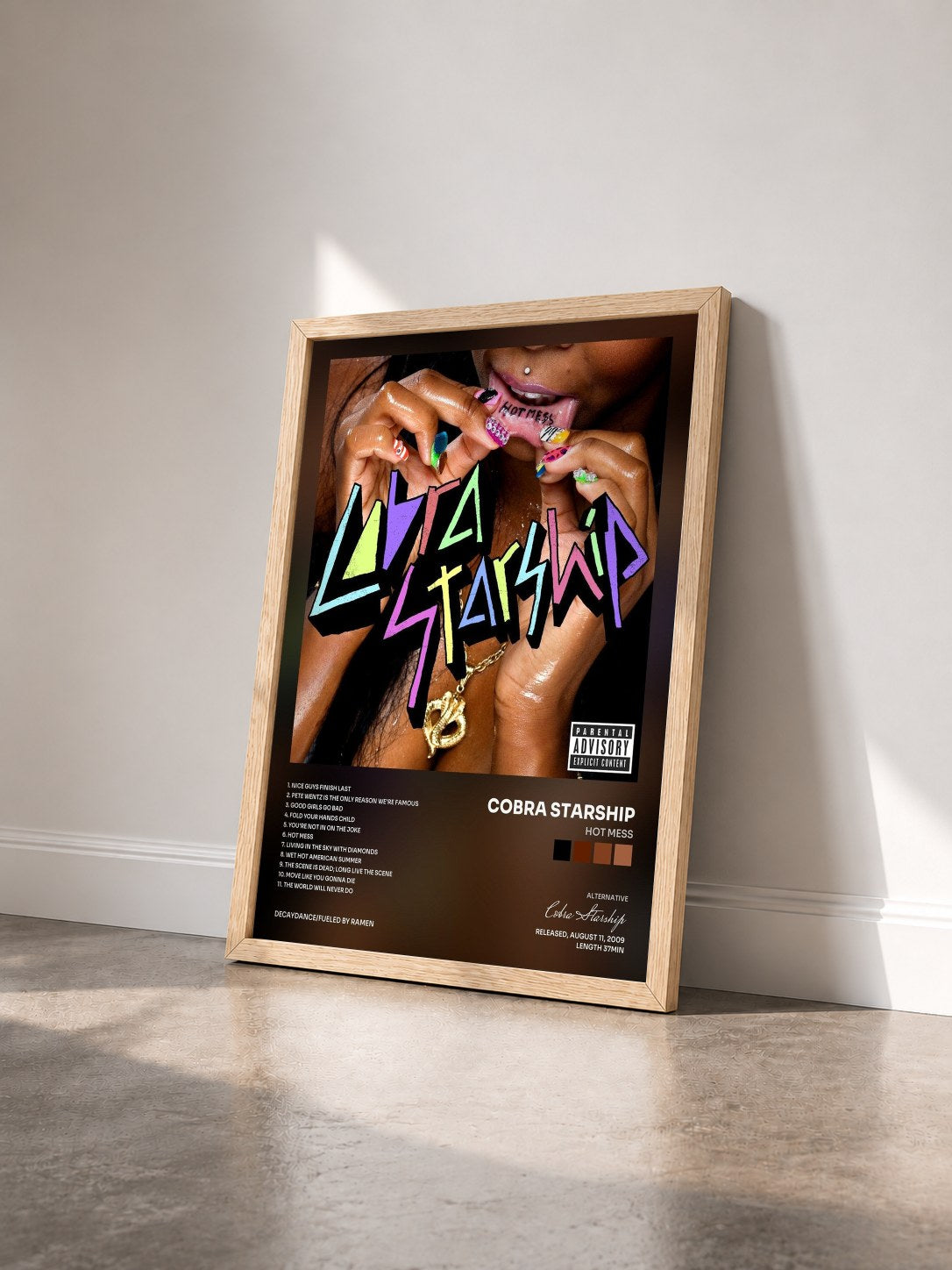 #bois Tableau de l'album Hot Mess de Cobra Starship vu de trois quarts, cadre en bois brut