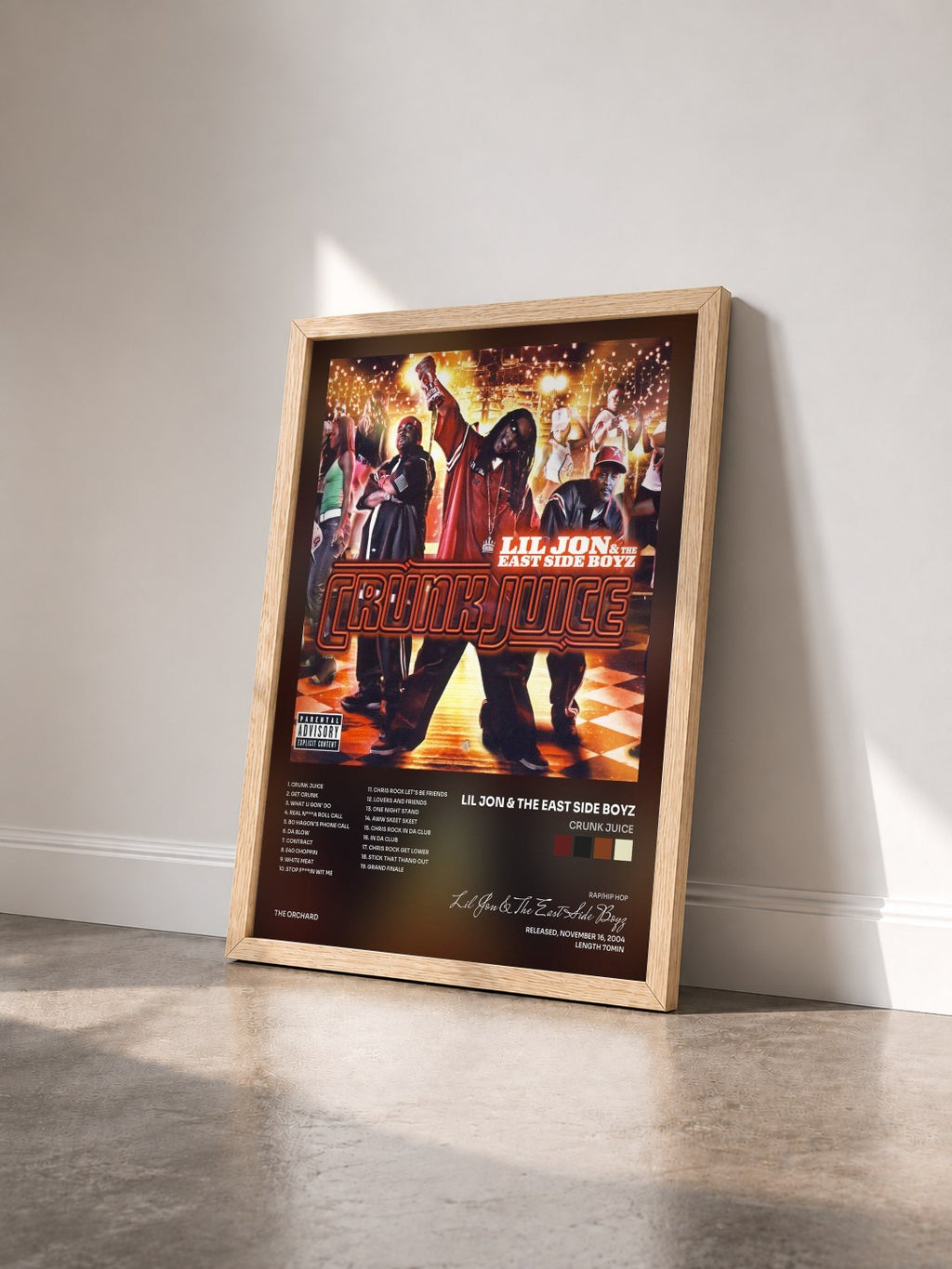 #bois Tableau de l'album Crunk Juice de Lil Jon & The East Side Boyz vu de trois quarts, cadre en bois brut