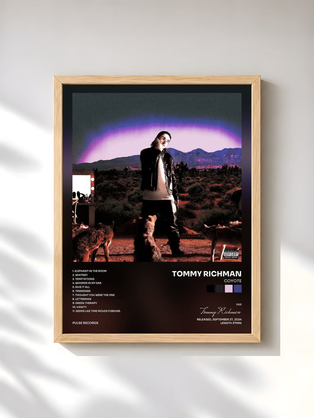 #bois Tableau de l'album COYOTE de Tommy Richman, cadre en bois brut, imprimé et encadré en France