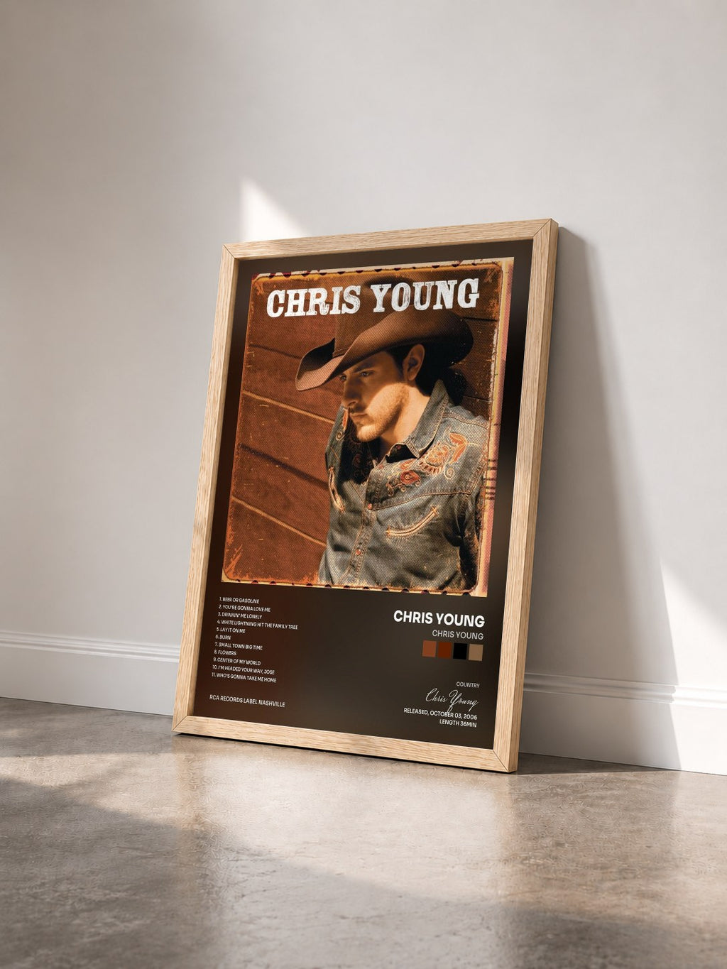 #bois Tableau de l'album Chris Young de Chris Young vu de trois quarts, cadre en bois brut