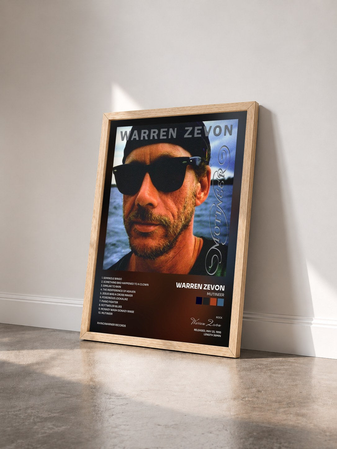 #bois Tableau de l'album Mutineer de Warren Zevon vu de trois quarts, cadre en bois brut