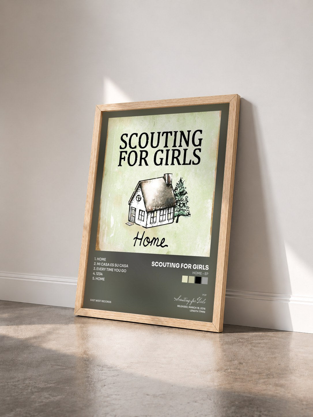#bois Tableau de l'album Home EP de Scouting for Girls vu de trois quarts, cadre en bois brut