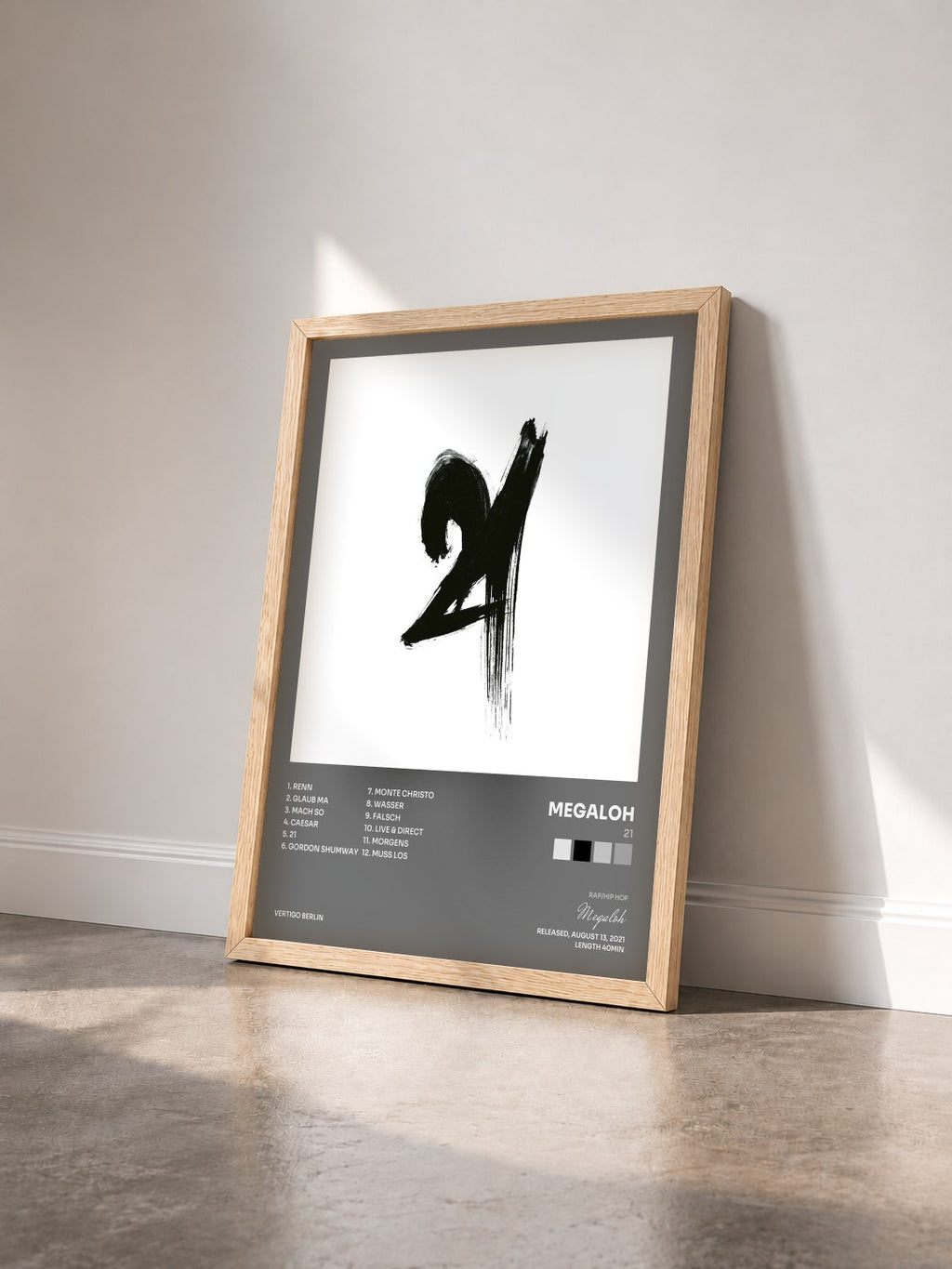 #bois Tableau de l'album 21 de Megaloh vu de trois quarts, cadre en bois brut