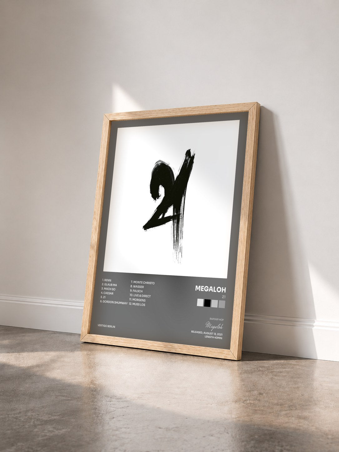 #bois Tableau de l'album 21 de Megaloh vu de trois quarts, cadre en bois brut