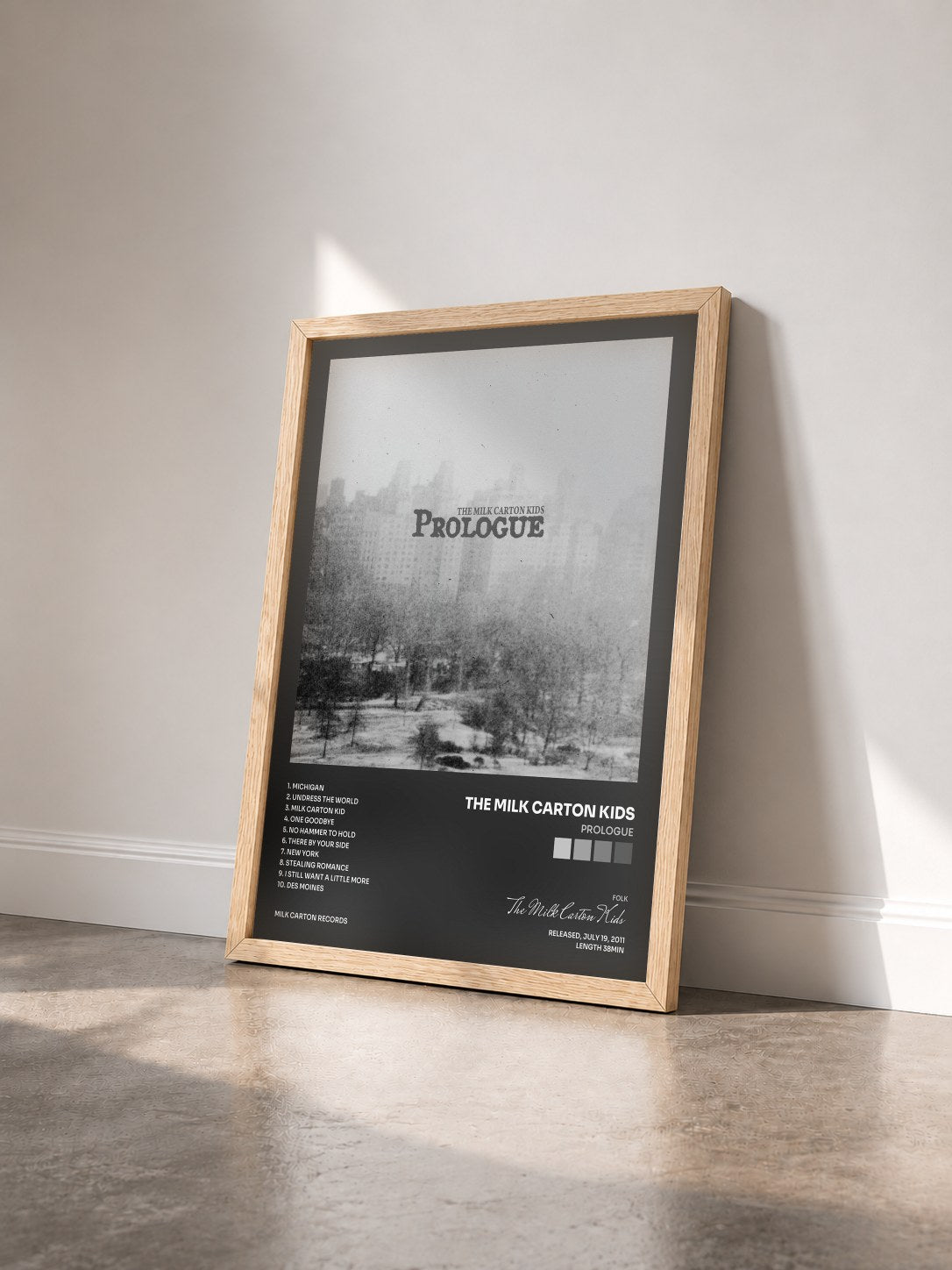 #bois Tableau de l'album Prologue de The Milk Carton Kids vu de trois quarts, cadre en bois brut
